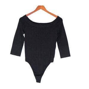 Wolford Women's Medium Black Opaque Naturel Bodysuit Bateau 3/4 Sleeve Thong Top